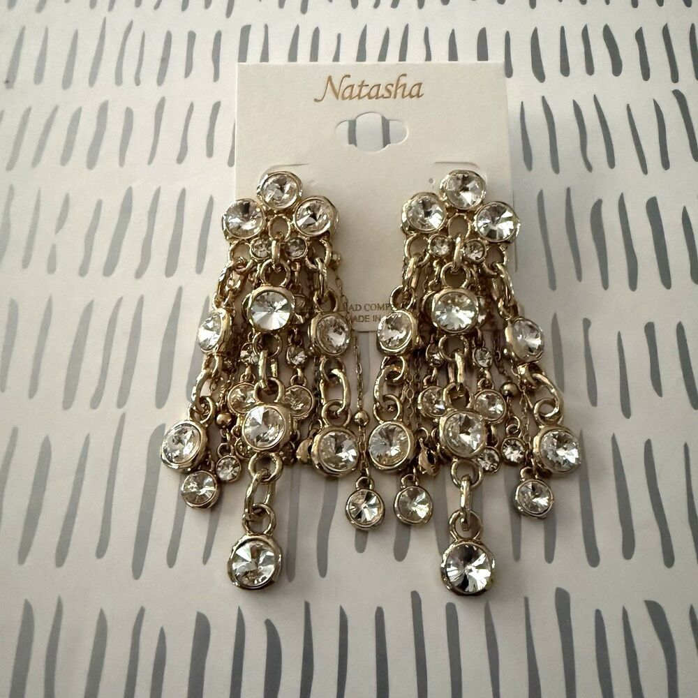 NATASHA Gold Chain Chandelier Earrings Heavy Dangle Crystal Statement Bling New